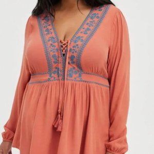 Torrid Embroidered Boho Peasant Blouse | Orange Blue | Size 2X
